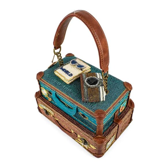 Mary Frances Baggage Claim Beaded Suitcase Handbag Brown Blue Bag Tour Purse NEW - Picture 3 of 9